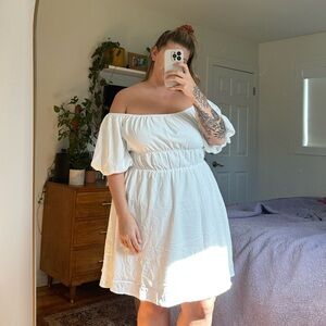 Off the shoulder white dress!